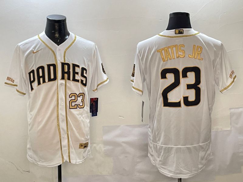 Men San Diego Padres #23 Tatis jr White Gold Elite 2025 Nike MLB Jersey style 3